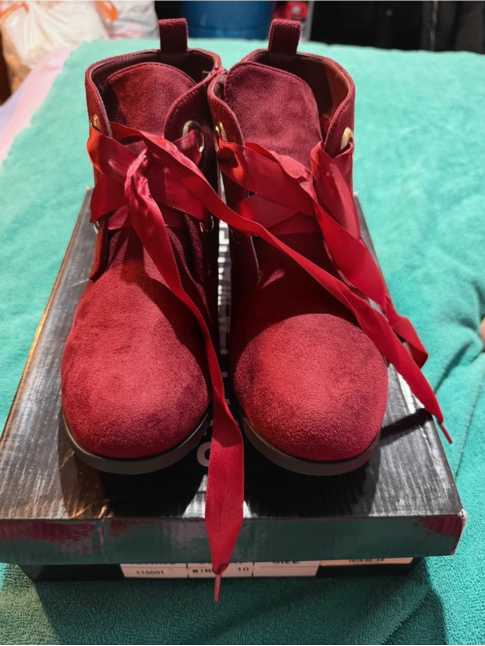 Burgundy Suede Ribbon Lace Ankle Booties